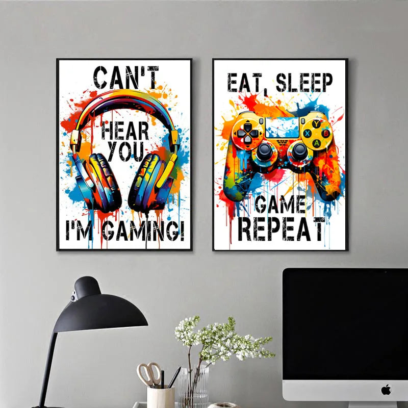 Graffiti Gamer Canvas Painting Game Controller Headphones Posters Print Pictures for Boy Bedroom Play Room Wall Art Home Decor