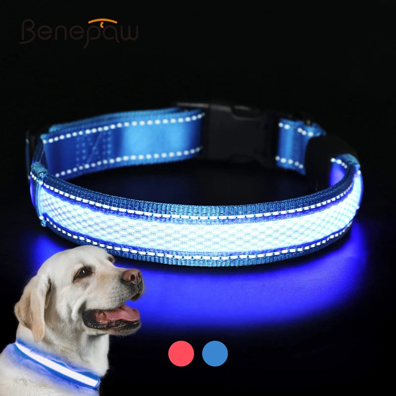 Benepaw LED Dog Collar USB Rechargeable Comfortable Reflective Bright Light Up Glow Collars For Small Medium Large Dogs